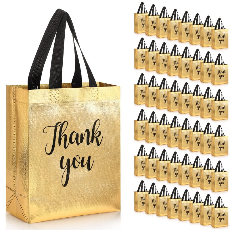Fumete 50 Pcs Glossy Gold Thank You Gift Bag with Handles and Sturdy Bases 8 x 4 x 10 Inch Non Woven Reusable Holiday Party Gift Bags Bulk for Birthday Wedding Christmas Thanksgiving Baby Shower